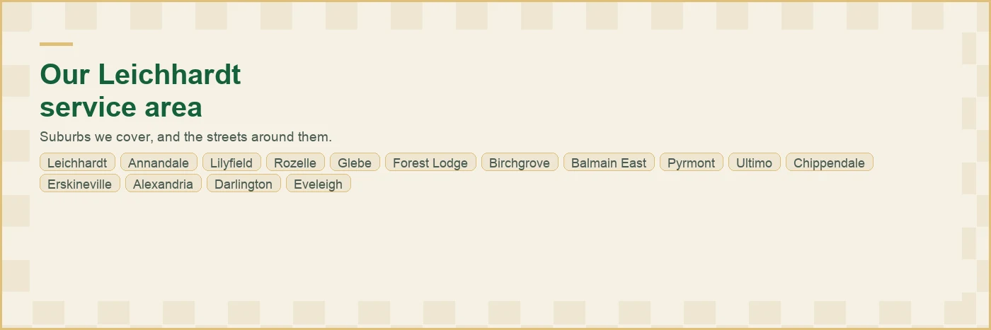 Map of the Leichhardt plumbing service area with all 20 suburbs we cover labelled, from Leichhardt and Leichhardt through Leichhardt and Lilyfield to Forest Lodge, Birchgrove, Leichhardt and Eveleigh